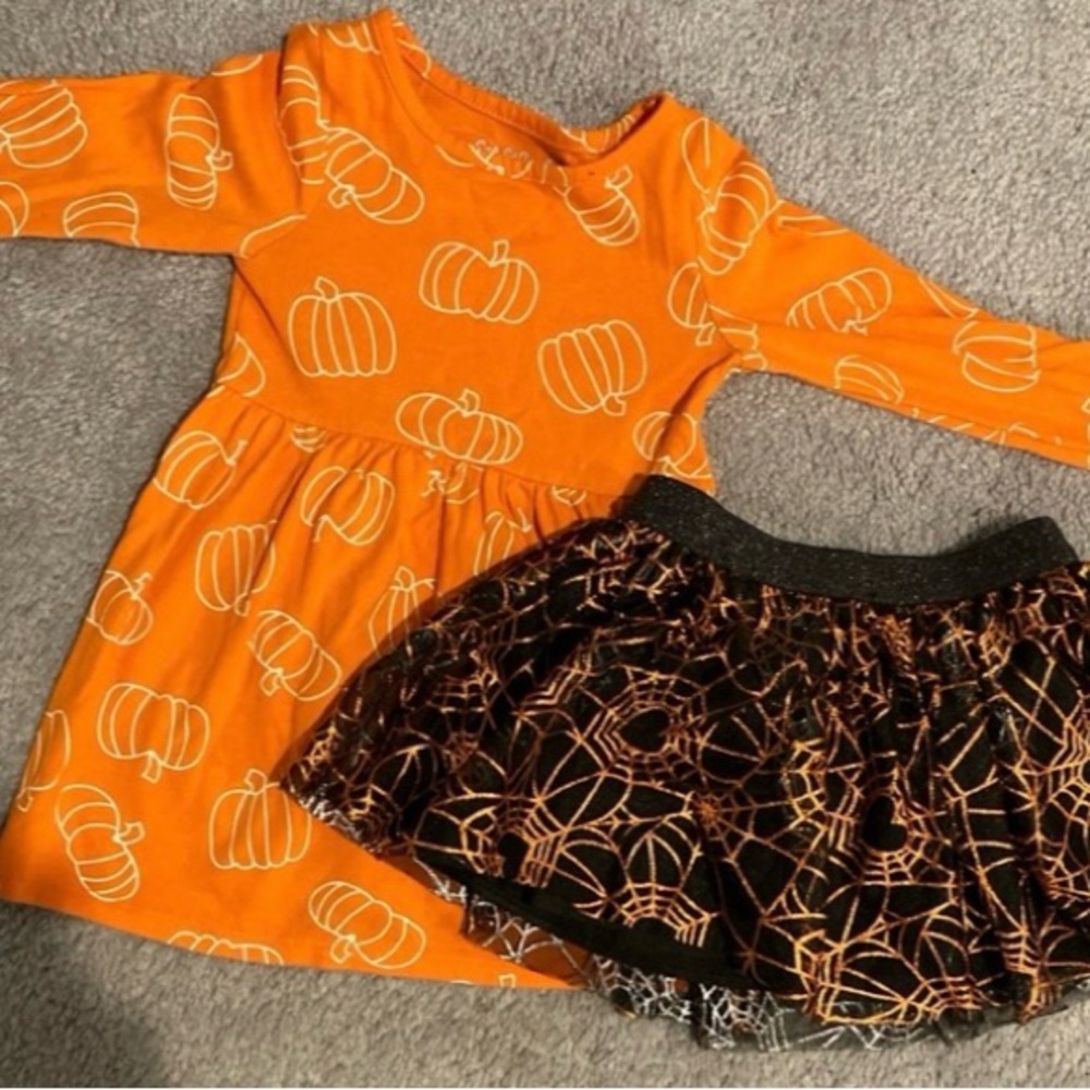 Cat & Jack Pumpkin Dress and Spider Web Skirt Halloween/Fall Small Lot (2)